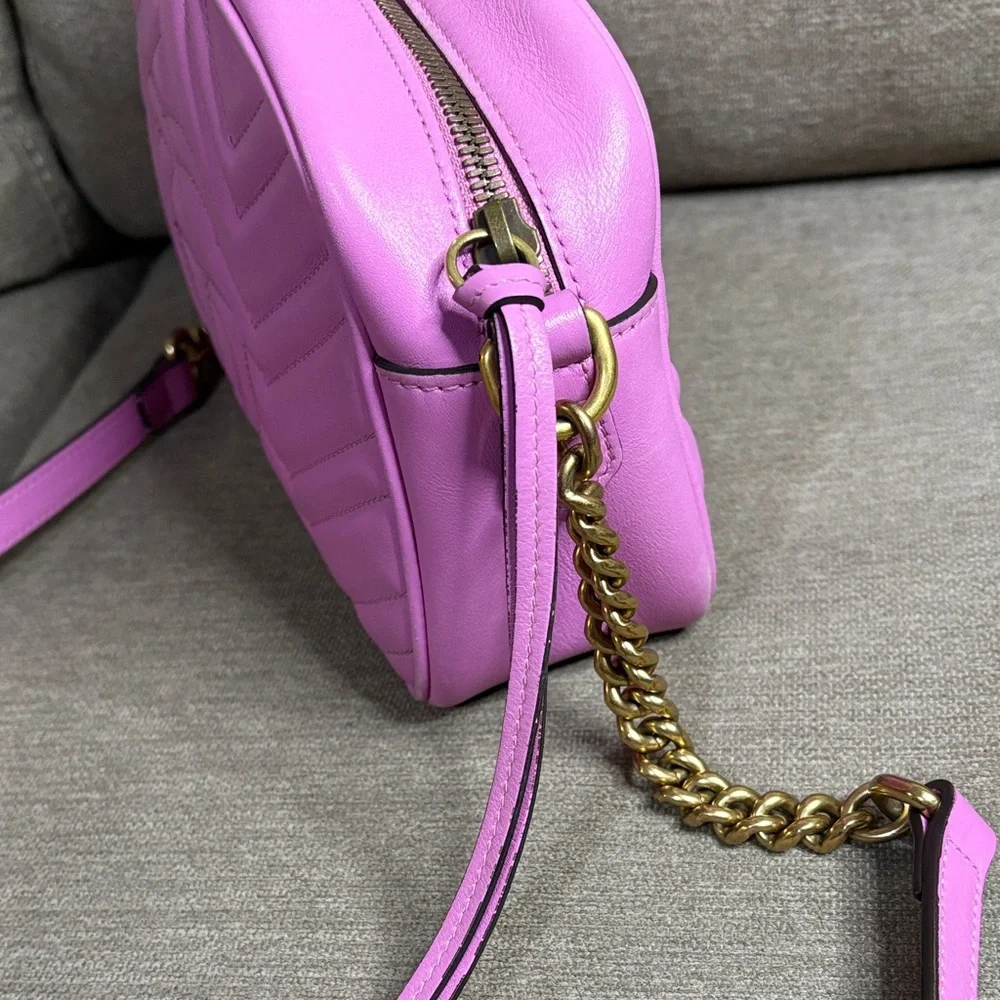 Gucci GG  Marmont Small  Matelassé Lavender Pink Leather Crossbody Authentic